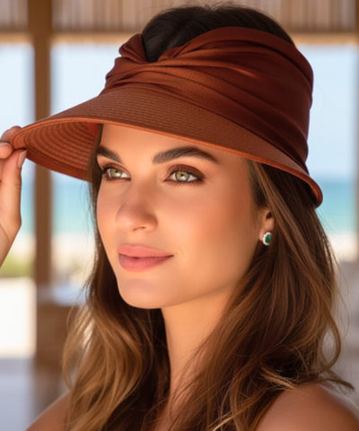Comprar viseira feminina com topo franzido drapeado ajustável proteção UV para praia verão corrida e atividades barato