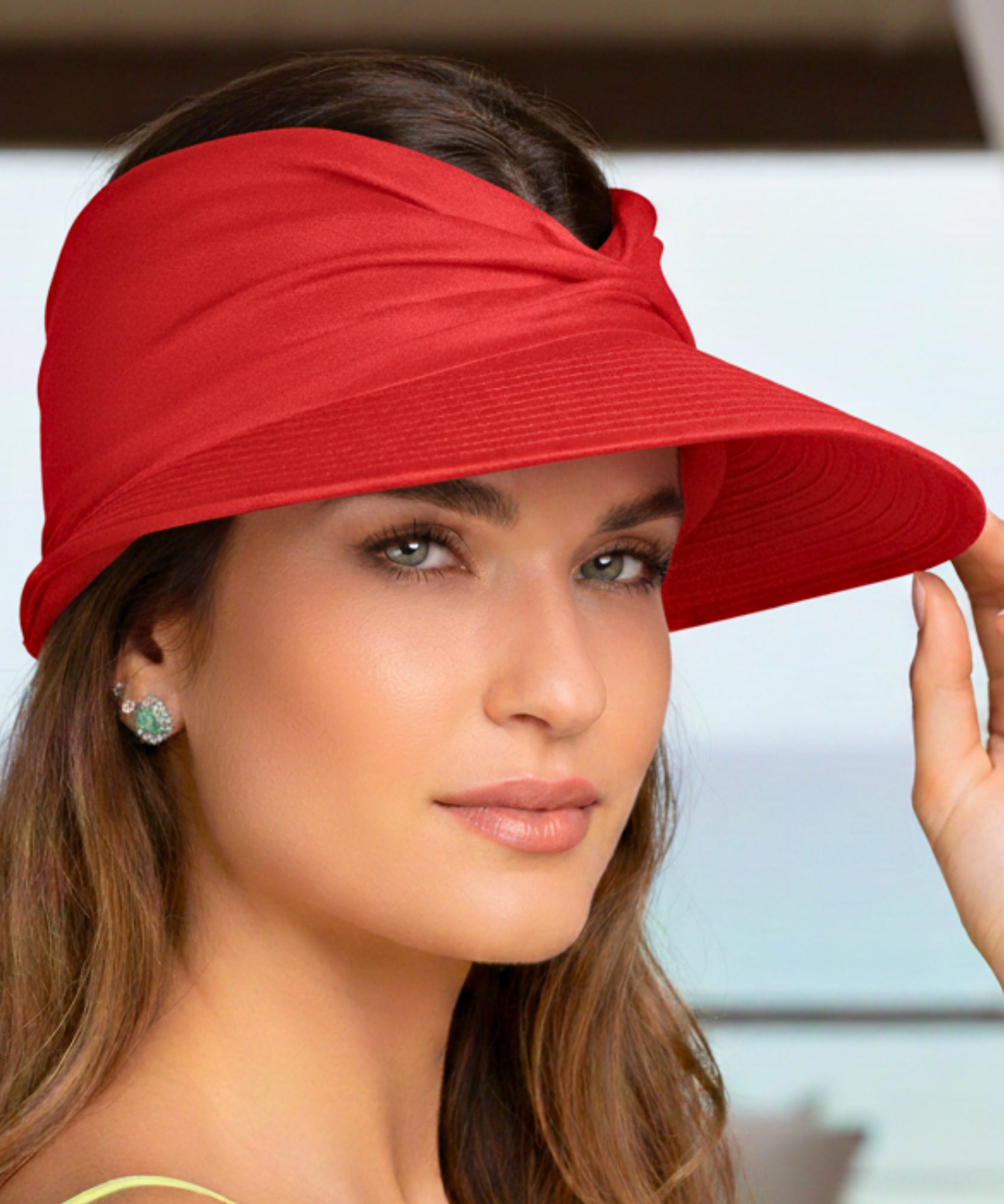 Comprar viseira feminina com topo franzido drapeado ajustável proteção UV para praia verão corrida e atividades barato